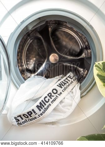 Laundry Bag For Capturing Microplastics Released From Synthetic Textile Products. Microfiber Polluti