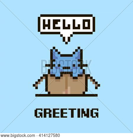 Colorful Simple Flat Pixel Art Illustration Of Cartoon Cute Kitten Sitting In An Open Cardboard Box 