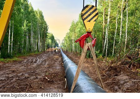 Natural Gas Pipeline Construction. Gas And Crude Oil Transmission In Pipe From Gas Storage And Plant