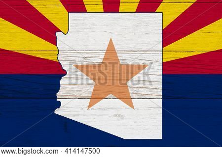 Arizona State Flag With The State Map Over Weathered Wood With Copy Space For Your Arizonan Message
