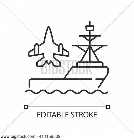 Aircraft Carrier Linear Icon. Seagoing Airbase. Place For Aircraft Launching And Landing. Warship. T