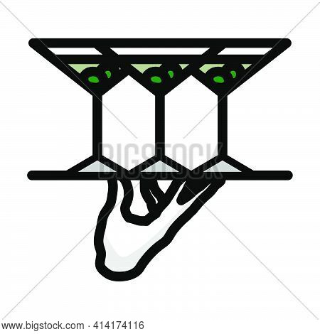 Waiter Hand Holding Tray With Martini Glasses Icon. Editable Bold Outline With Color Fill Design. Ve