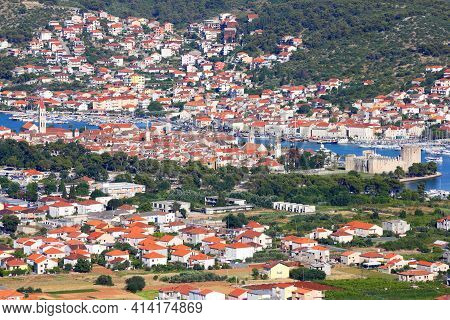 Trogir Croatia - Aerial View Of Old Town And Ciovo Island In Background. Trogir Town In Croatia.