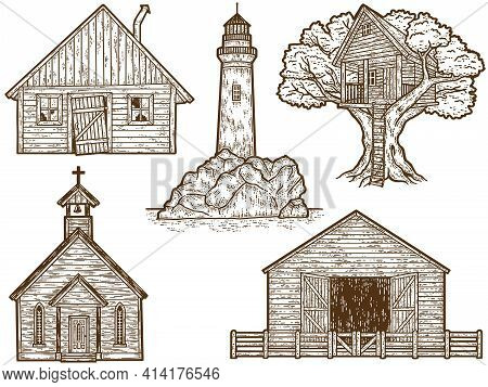 Set Of Old Vintage Buildings. Sketch Scratch Board Imitation Sepia.