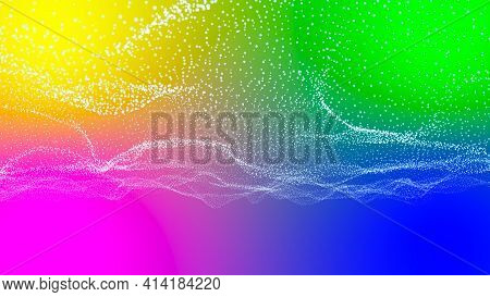 Abstract Digital Colorful Circle Of Wave Particle, On Bright Blue, Yellow, Pink And Green Background