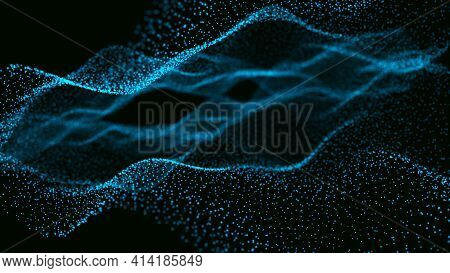 Abstract Digital Wave Of Particles On A Black Background. Circles And Defocused Bright Green Particl