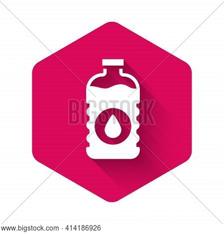 White Bottle Of Water Icon Isolated With Long Shadow Background. Soda Aqua Drink Sign. Pink Hexagon 