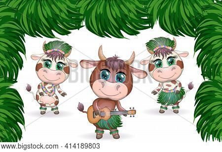 Tropical New Year 2021, Celebration. Group Of Cows And Bulls As Hula Dancers With Acoustic Ukulele G
