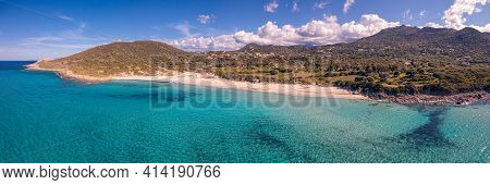 Panoramic Aerial View On A Bright Sunny Day Of The Turquoise Mediterranean Sea At Bodri Beach In The