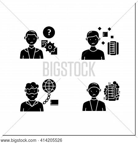 Information Overload Glyph Icons Set. Consists Of Information Pollution, Internet Addition, Unproces
