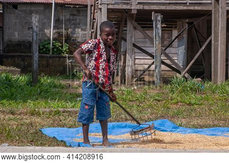 Darien Province, Panama. 07-18-2019. Portrait Of Smiling Afro-descendent Boy Harvesting Corn In The 