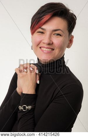 Halflength Portrait Of Smiling Pretty Young Adult Brunette Isolated On White Background, Copyspace
