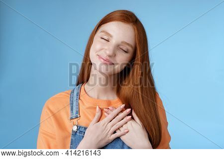 Dreamy Touched Romantic Ginger Girlfriend Close Eyes Recalling Heartwarming Romance Touch Heart Palm