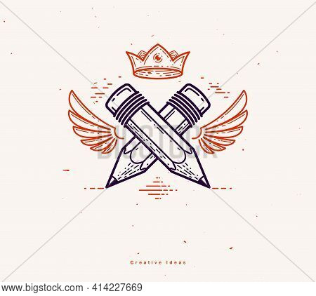 Two Crossed Pencils With Wings And Crown, Vector Simple Trendy Logo Or Icon For Designer Or Studio, 