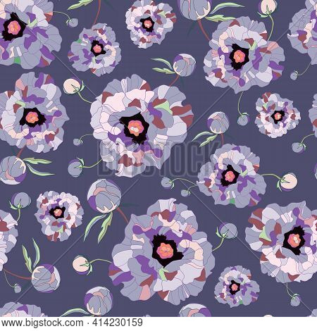Seamless Pattern Peony. Drawn Vintage Flowers Peonies Branches, Bouquets On Purple Background. Big F