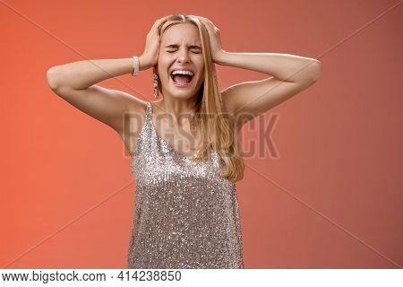 Upset Distressed Pressured Fed Up Panicking Young Blond Woman In Dress Scream Cry Heart Out Being He