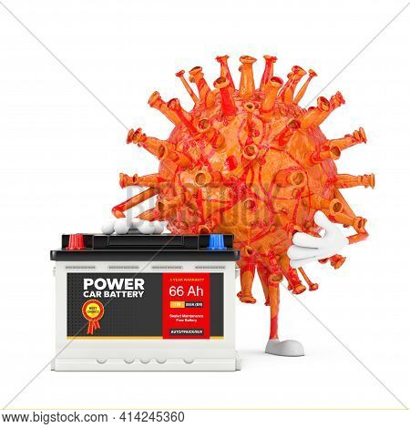 Cartoon Coronavirus Covid-19 Virus Mascot Person Character And Rechargeable Car Battery 12v Accumula