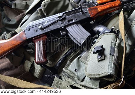AKM(Avtomat Kalashnikova) version of Kalashnikov assault rifle. October 16, 2020. Kiev Region, Ukraine