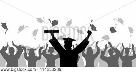 Graduation Ceremony. Cheerful Graduate In Mantle And Mortarboard With Diploma On Background Of Crowd