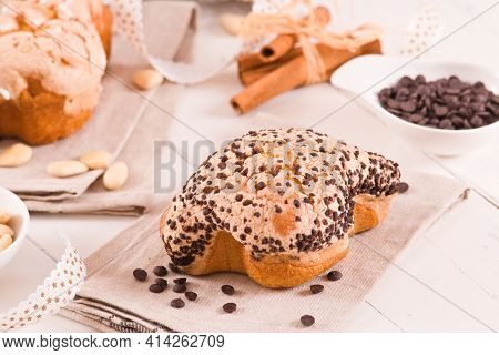 Colomba Italian Easter Dove Bread On Wooden Table.