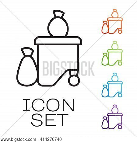 Black Line Dumpsters Being Full With Garbage Icon Isolated On White Background. Garbage Is Pile Lots