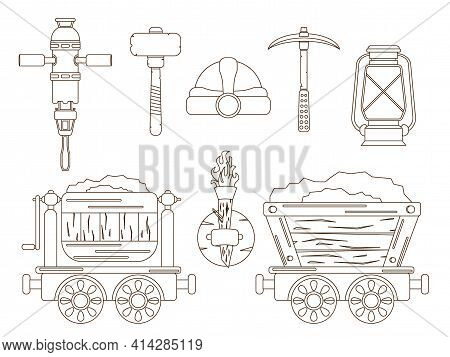 A Set With Mining Tools For The Extraction Of Resources. Mine Carts, Protection And Lighting In The 