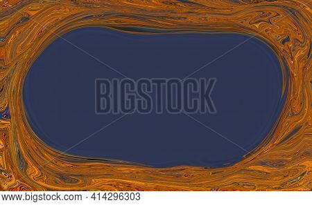 Abstract Colorful Orange Background With Dark Blue Oval Shape Space For Text. Rusty Fantastic Frame.