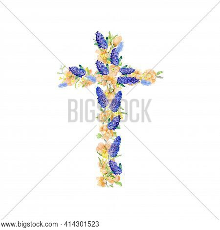 Sunflower Cross. Hristianity. Religian Cross Made Of Flower. Isolated On White