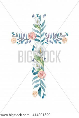 Sunflower Cross. Hristianity. Religian Cross Made Of Flower. Isolated On White