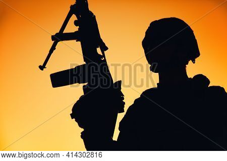 Shoulder Silhouette Of Army Machine Gunner, Special Operations Forces Infantryman Standing With Rais