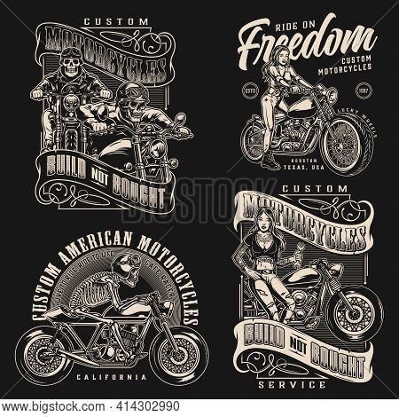 Custom Motorcycle Vintage Monochrome Labels With Inscriptions Skeleton Motorcyclists Attractive Bike