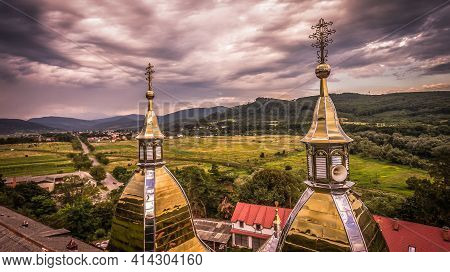 Aerial Shot Of Domes With Crosses Of The Monastery Church
