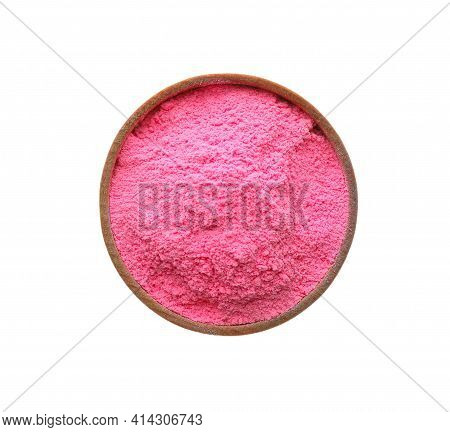 Pink Powder In Bowl Isolated On White, Top View. Holi Festival Celebration