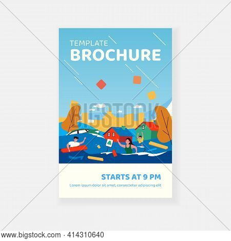 Scared People In Flooded Suburb Street. Houses, Cars, Rubbish Floating On Water. Vector Illustration