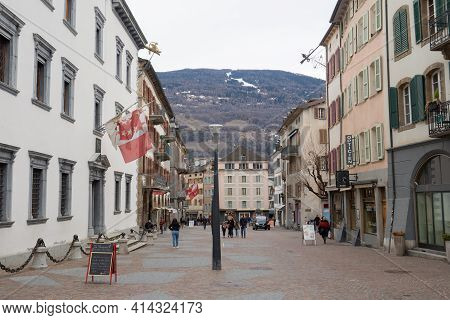 Sion, Switzerland - March 13th 2021: Urban Street In The Historic City Centre.