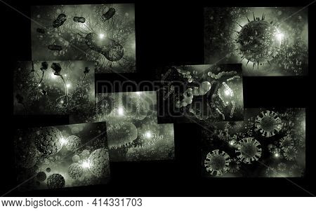 Bacteria And Virus Collage 3d Illustration Featuring Coronavirus And Rabies