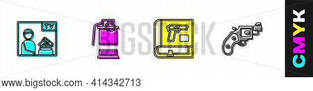 Set Advertising Weapon, Hand Smoke Grenade, Book With Pistol Or Gun And Small Revolver Icon. Vector