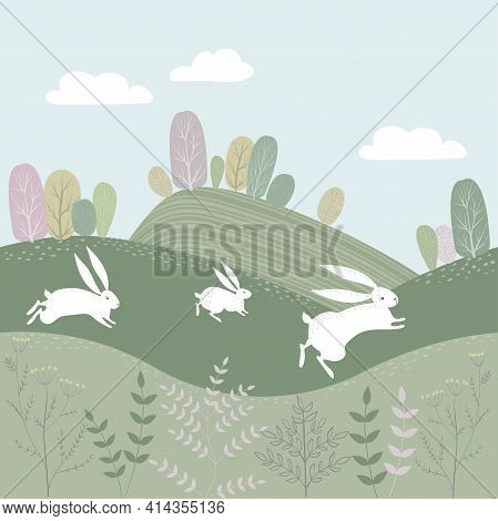 Vector Spring Landscape With Fields And Trees. White Hares Run Through The Meadows.