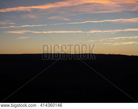Sunrise Panorama Of Wind Turbines Farm Park On Mountain Hill Top Near Mondim De Basto Vila Real Nort