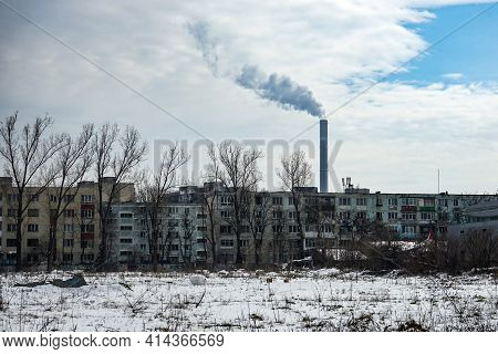 Bucharest, Romania - March 12, 2021: Chimney Of Cet Progresul Power Plant, Pollute With Smoke From T