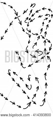 Black Arrows In Random Motion. Tangled Arrows On A White Background. Confusion, Maze, Puzzle,