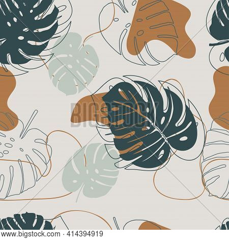 Seamless Pattern Of Large Leaves Of Monstera And Palms