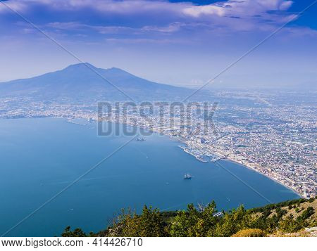 Panoramic View Of Castellammare And Torre Annunziata Di Stabia Bay With Mount Vesuvius In Background