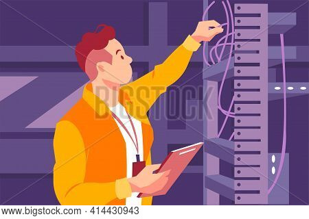 Engineer Man Verifying The Optical Fiber Vector Illustration Concept. Flat Illustration Isolated On 