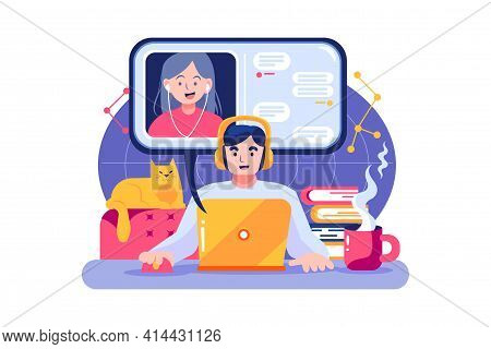 A Boy And A Girl Are Having Online Meeting By Their Laptop Vector Illustration Concept. Flat Illustr