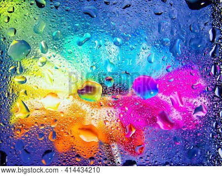 Abstract Colorful Background, Abstract Colorful Background With Bubbles, Water Drops On A Glass, Col