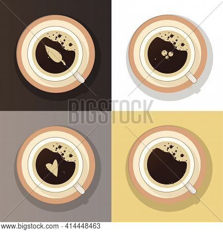 Coffee Cup Top View Set Vector Isolated. Menu Restraurant, Cafe,  Coffee Shop. Drawing Coffee Foam. 