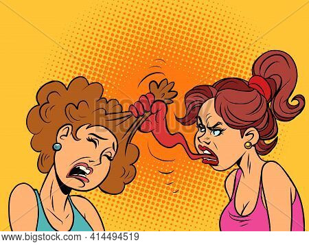 Two Female Friends Are Having A Row. The Couple Quarrels. Tongue Like A Fist