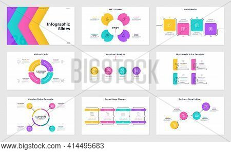 Collection Of Presentation Slides Or Pages - Swot Flower Petal Diagram, Pie Charts And Flow Graphs W