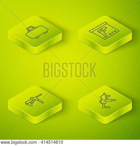 Set Isometric Line Military Ammunition Box, Submachine Gun M3, Mp9i Submachine And Weapon Case Icon.